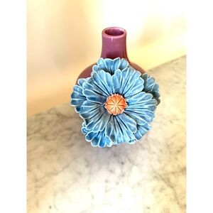 Purple Ceramic Flower Vase | Blue Floral Applique Vase | Decorative Art Pottery
